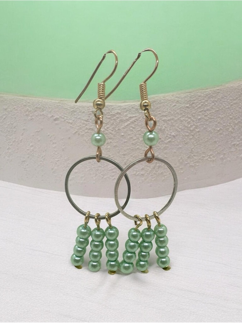 Handmade Green Pearl Hoop Dangle Earrings – Beaded Drop Jewelry
